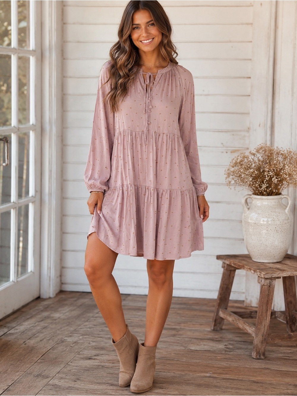 MINE Long Sleeve Ruffle Tiered Mini Boho Dress Blush Pink - Size Large